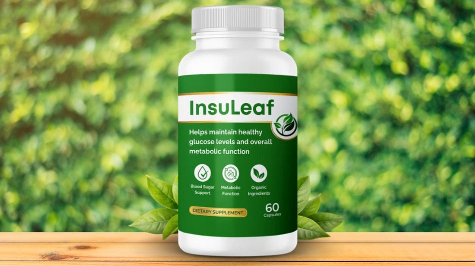 InsuLeaf supplement bottle on a wooden surface with a green leafy background
