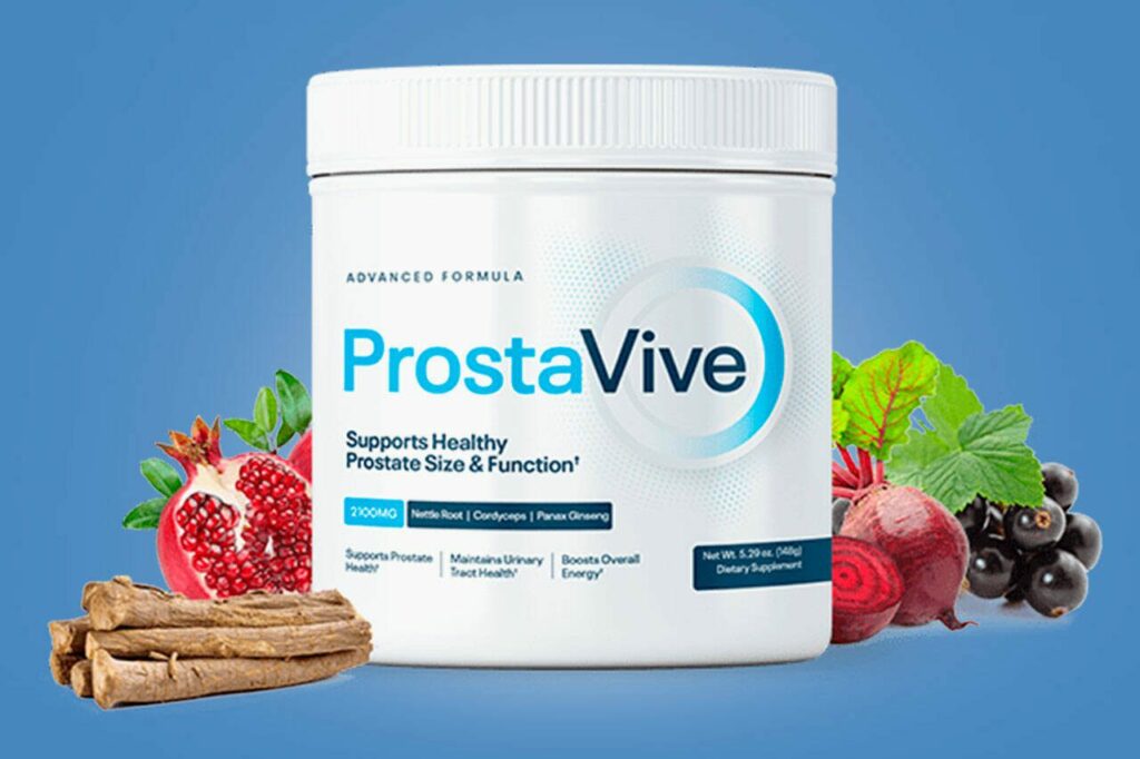 ProstaVive supplement container with health benefits on a blue background
