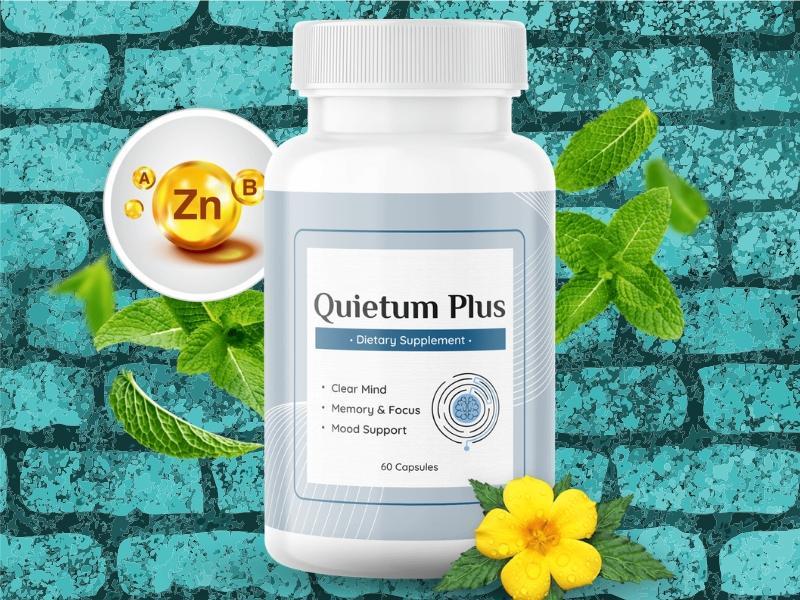 Bottle of Quietum Plus dietary supplement with green leaves and a yellow flower on a textured blue background