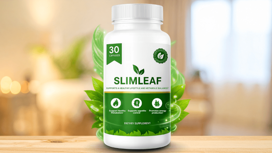 Slimleaf dietary supplement bottle on a wooden surface with a blurred background